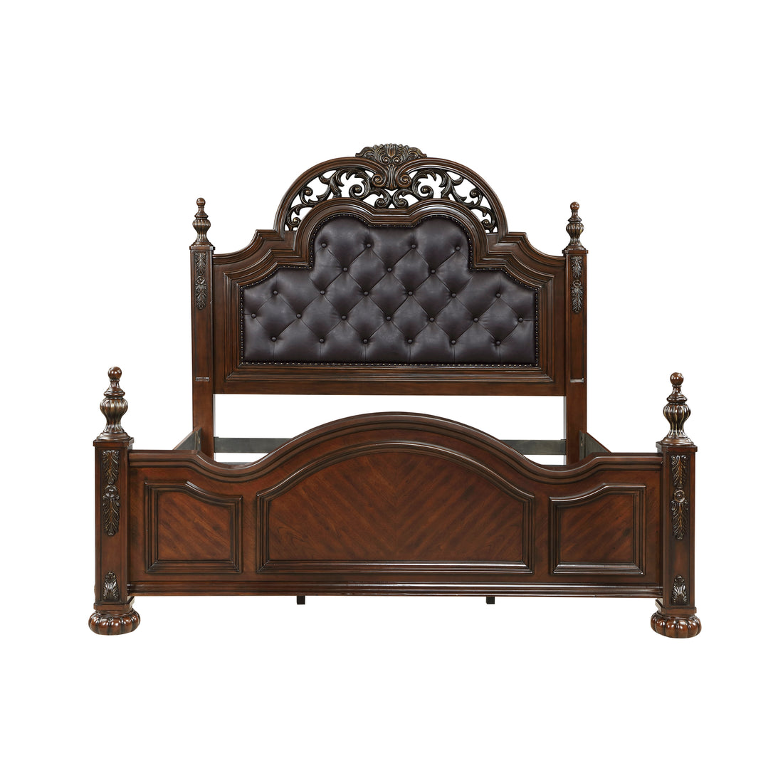 Formal Traditional Queen Bed 1Pc Button Tufted Upholstered Headboard Posts Cherry Finish Bedroom Furniture Carving Wood Design Box Spring Required Queen Cherry Wood Bedroom American Traditional,Traditional Faux Leather Wood