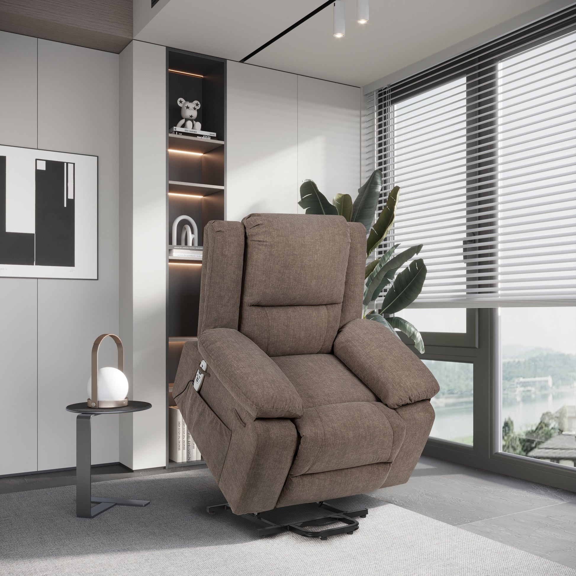 Electric Power Recliner Chair With Massage For Elderly ,Remote Control Multi Function Lifting, Timing, Cushion Heating Chair With Side Pocket Brown Brown Power Remote Metal Primary Living Space American Design Cat Scratch Fabric
