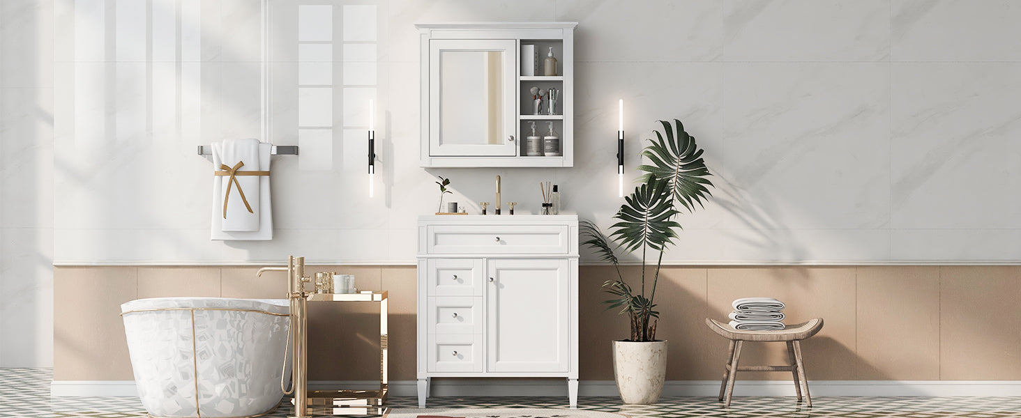 30'' Bathroom Vanity With Top Sink, Modern Bathroom Storage Cabinet With 2 Drawers And A Tip Out Drawer, Freestanding Vanity Set With Mirror Cabinet, Single Sink Bathroom Vanity White Bathroom Solid
