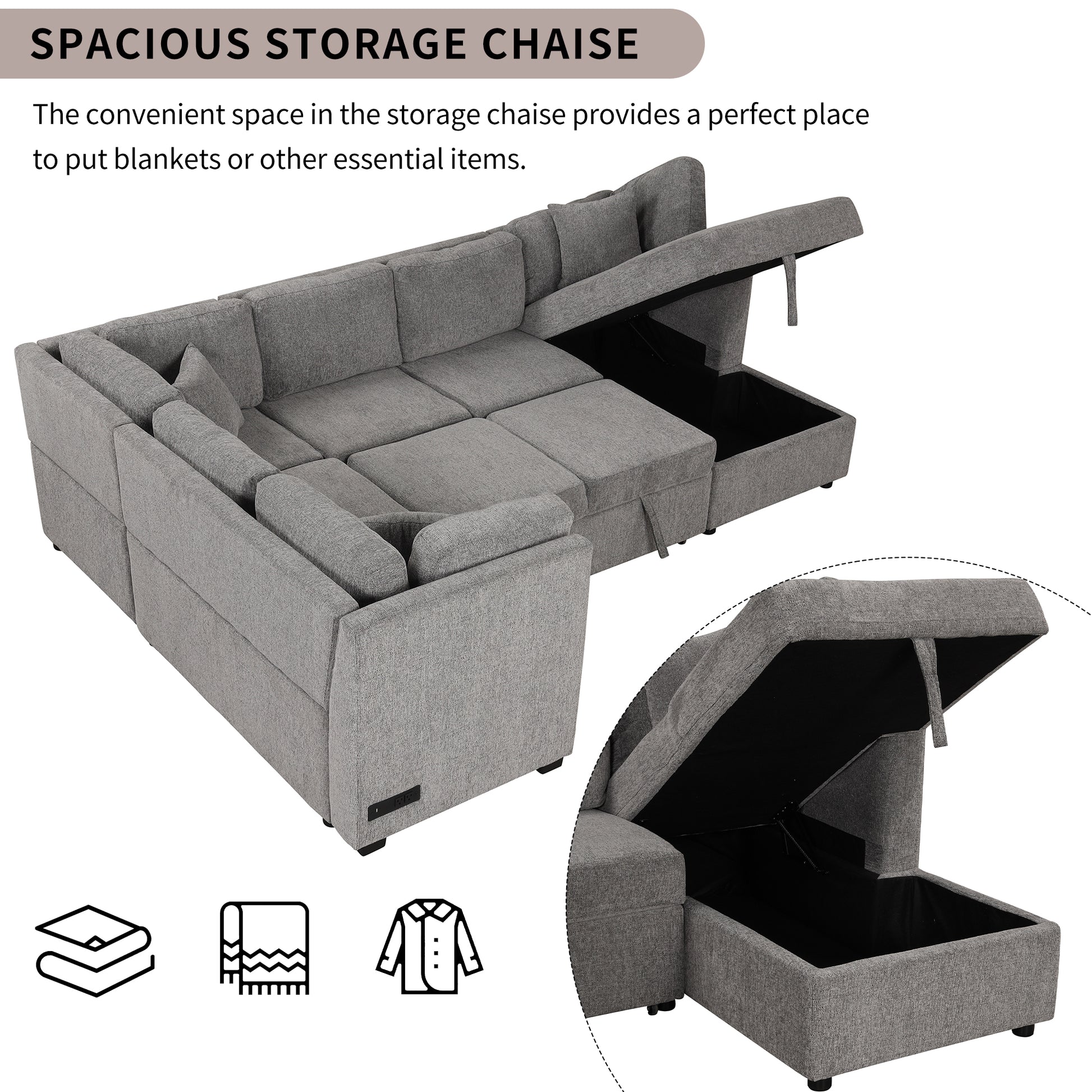 108.6" U Shaped Sectional Sofa Pull Out Sofa Bed With Two Usb Ports, Two Power Sockets, Three Back Pillows And A Storage Chaise For Living Room, Light Gray Light Gray Foam Chenille 5 Seat