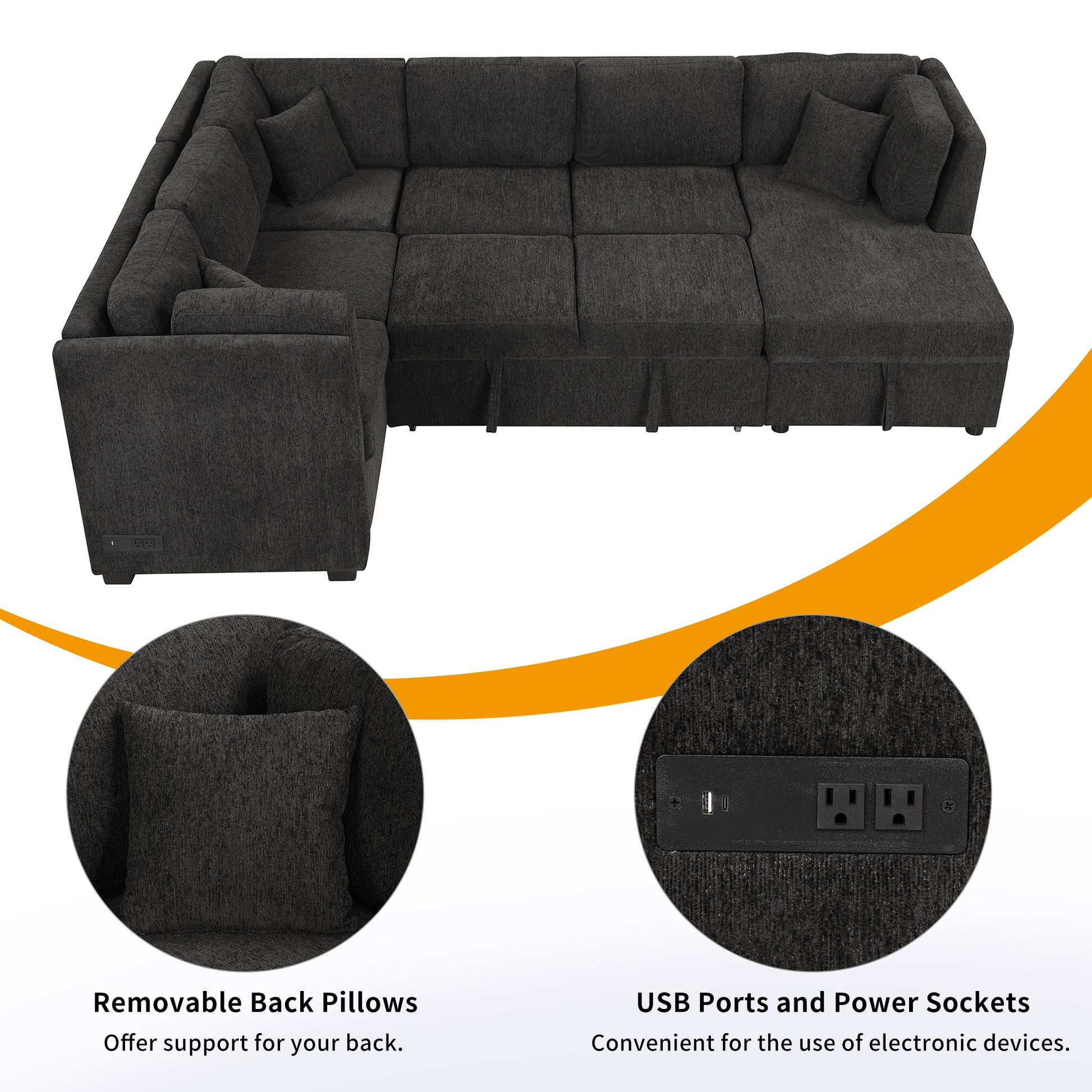 108.6" U Shaped Sectional Sofa Pull Out Sofa Bed With Two Usb Ports, Two Power Sockets, Three Back Pillows And A Storage Chaise For Living Room, Black Black Foam Chenille 5 Seat