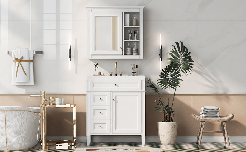 30'' Bathroom Vanity With Top Sink, Modern Bathroom Storage Cabinet With 2 Drawers And A Tip Out Drawer, Freestanding Vanity Set With Mirror Cabinet, Single Sink Bathroom Vanity White Bathroom Solid