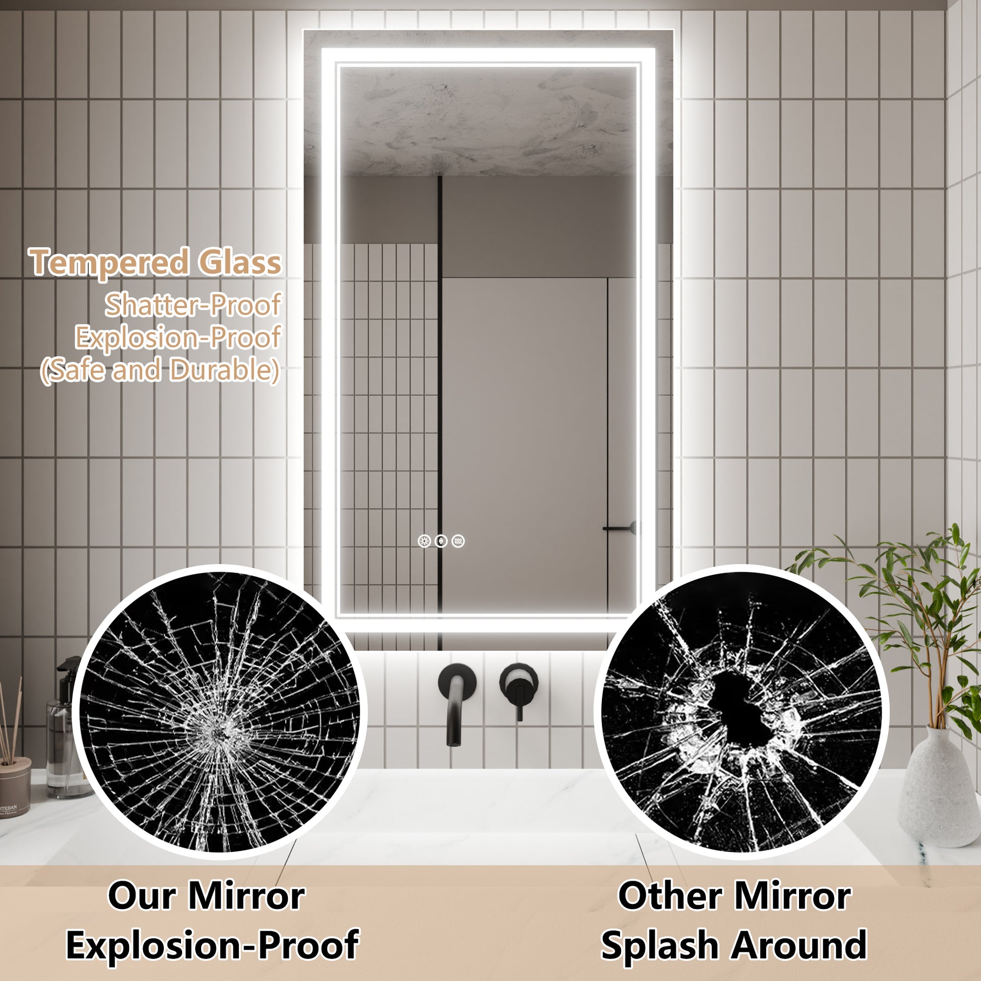 Led Bathroom Mirror, 24X40 Inch Bathroom Vanity Mirrors With Lights, Mirrors For Wall With Smart Touch Button, Anti Fog, Memory Function, Stepless Dimmable Makeup Mirror Horizontal Vertical White Aluminium