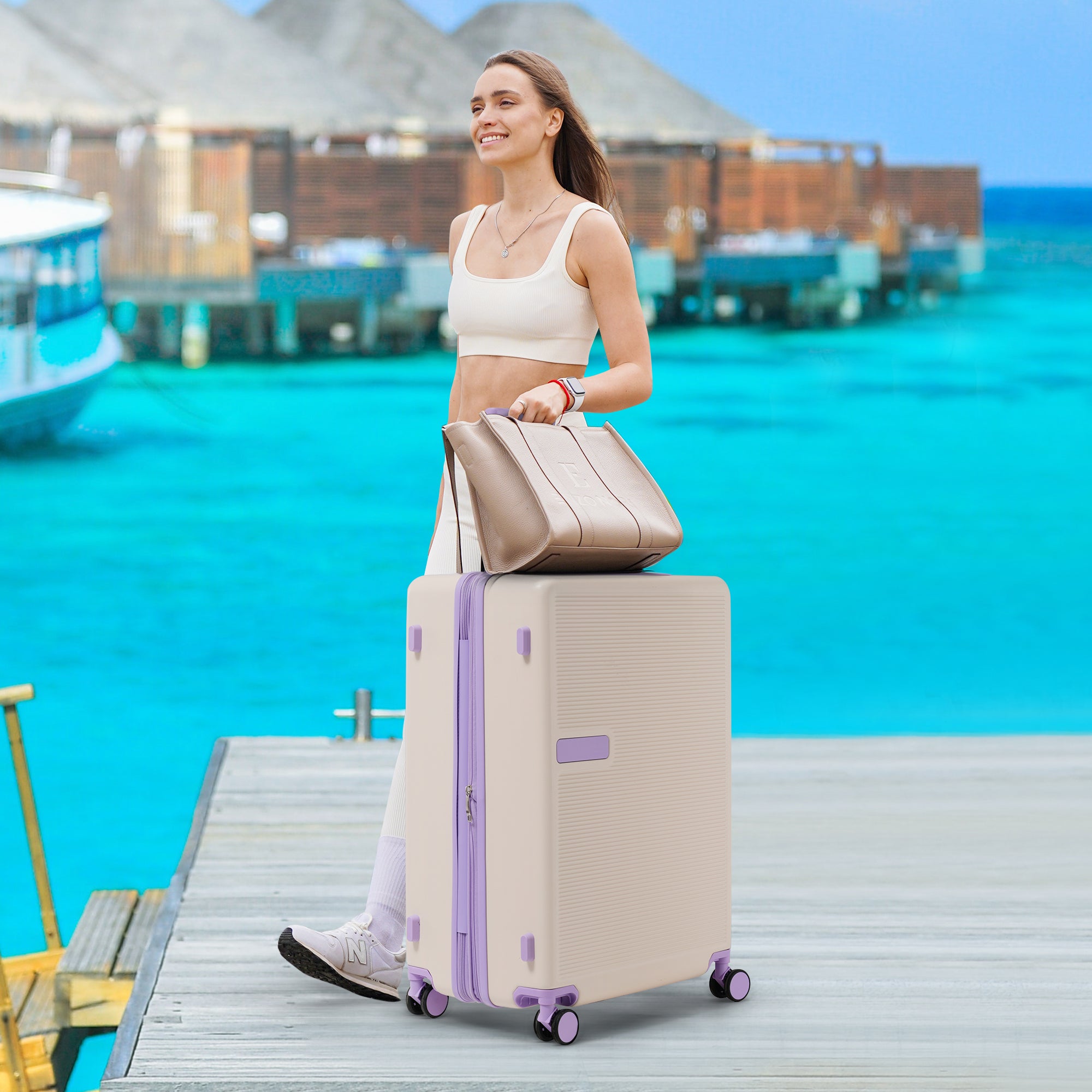 Contrast Color 3 Piece Luggage Set Hardside Spinner white+purple-abs