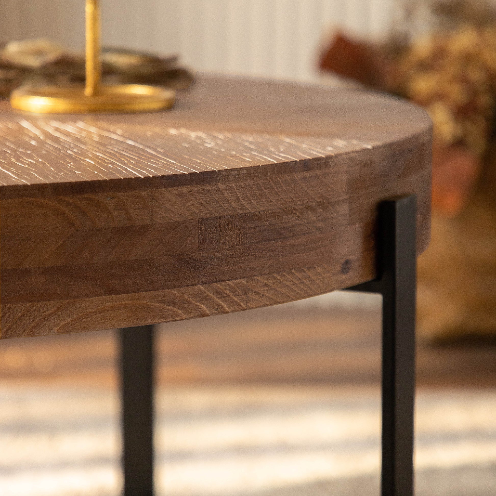 33.86"Modern Retro Splicing Round Coffee Table, Fir Wood Table Top With Black Cross Legs Base Same Sku:W757127347 Black Natural Metal & Wood