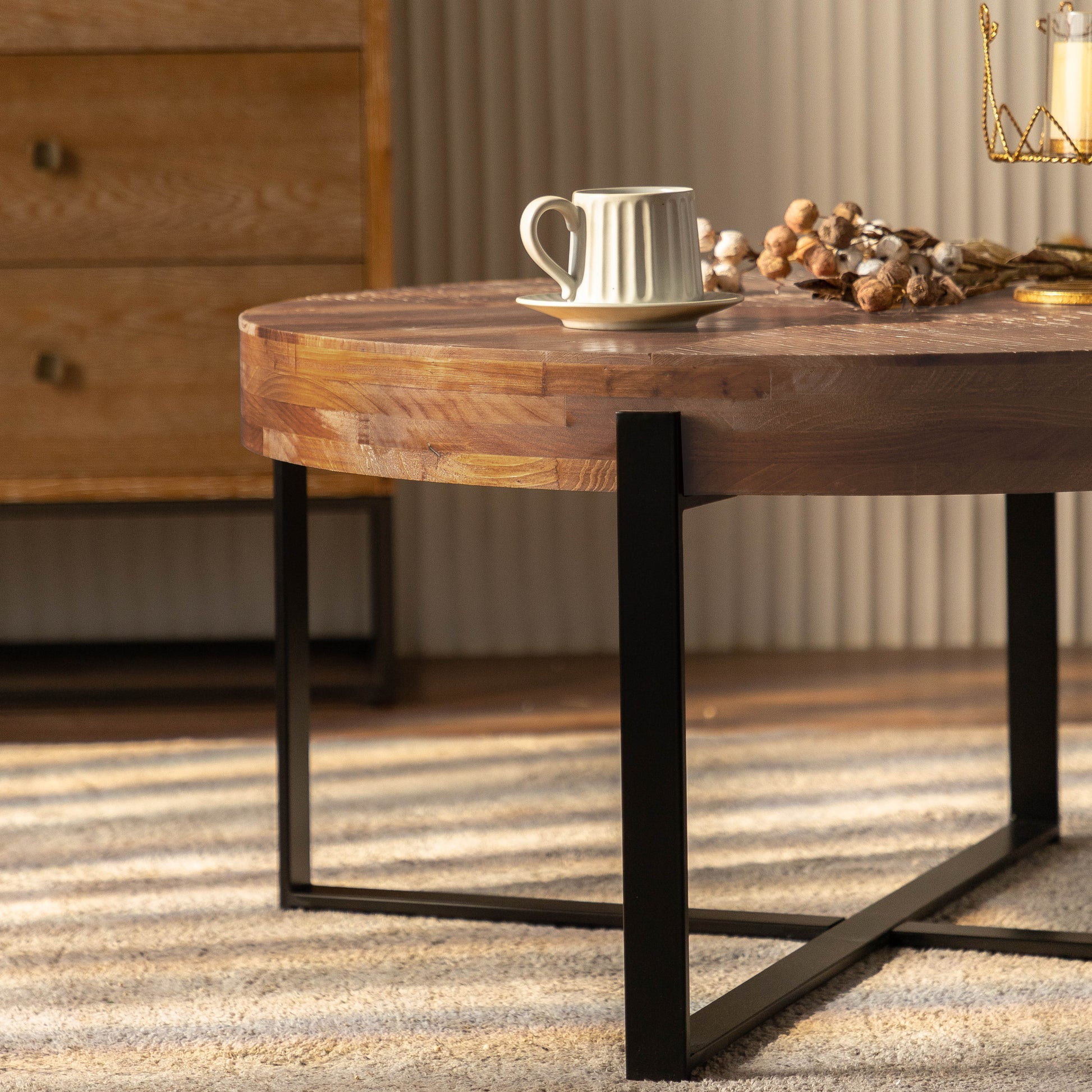 33.86"Modern Retro Splicing Round Coffee Table, Fir Wood Table Top With Black Cross Legs Base Same Sku:W757126237 Black Natural Fir Metal & Wood