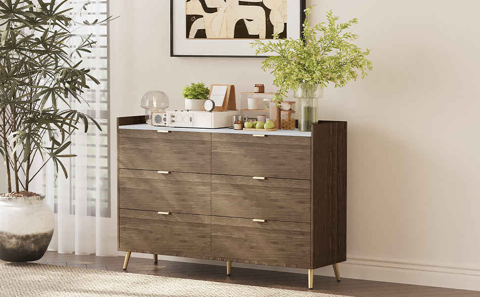 55" Long 6 Drawer Dresser With Marbling Worktop, Mordern Storage Cabinet With Metal Leg And Handle For Bedroom,Walnut Walnut Mdf Metal