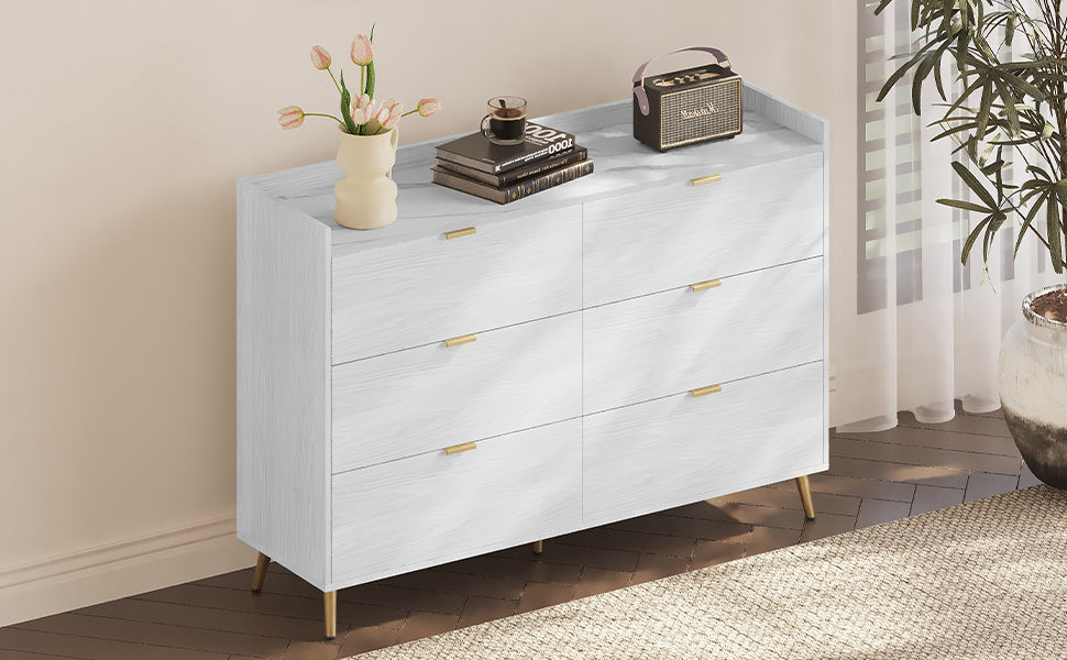 55" Long 6 Drawer Dresser With Marbling Worktop, Mordern Storage Cabinet With Metal Leg And Handle For Bedroom, White White Mdf Metal