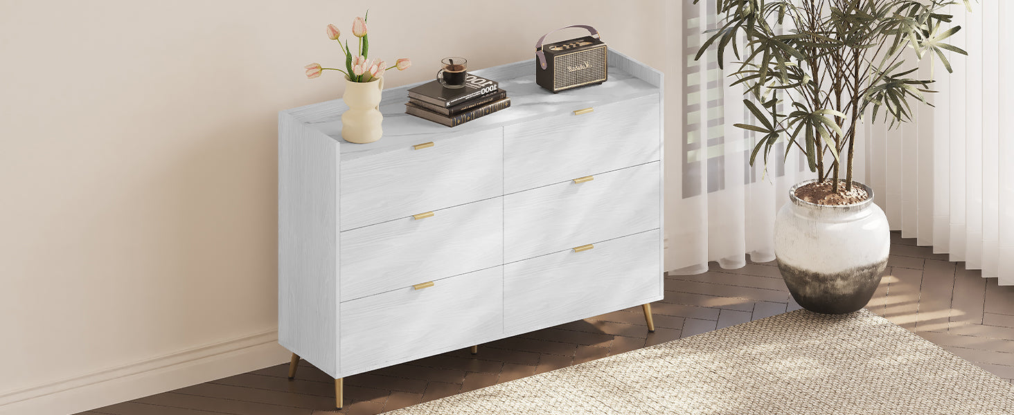 55" Long 6 Drawer Dresser With Marbling Worktop, Mordern Storage Cabinet With Metal Leg And Handle For Bedroom, White White Mdf Metal