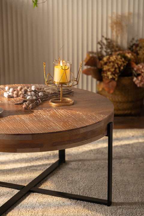 33.86"Modern Retro Splicing Round Coffee Table, Fir Wood Table Top With Black Cross Legs Base Same Sku:W757126237 Black Natural Fir Metal & Wood