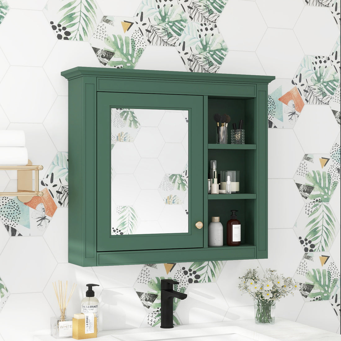 30'' X 28'' Medicine Cabinet, Wall Mounted Bathroom Storage Cabinet, Modern Bathroom Wall Cabinet With Mirror,Medicine Cabinet, Mirror Cabinet With 3 Open Shelves Not Include Bathroom Vanity Green 1 5 Mirror Included Bathroom Wall Mounted Mdf Glass