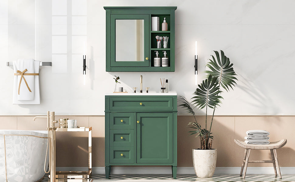 30'' Bathroom Vanity With Top Sink, Modern Bathroom Storage Cabinet With 2 Drawers And A Tip Out Drawer, Freestanding Vanity Set With Mirror Cabinet, Single Sink Bathroom Vanity 3 Green 2 5 Bathroom Freestanding Solid Wood Mdf Resin Painted