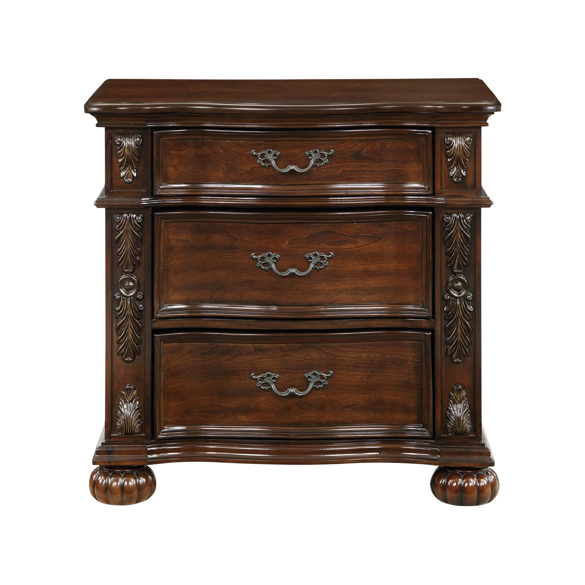 Classic Traditional Nightstand Of 3 Drawers Cherry Finish Carving Wooden Bedroom Furniture 1Pc Cherry 3 Drawers Bedroom Drawer Storage American Traditional,Traditional Wood