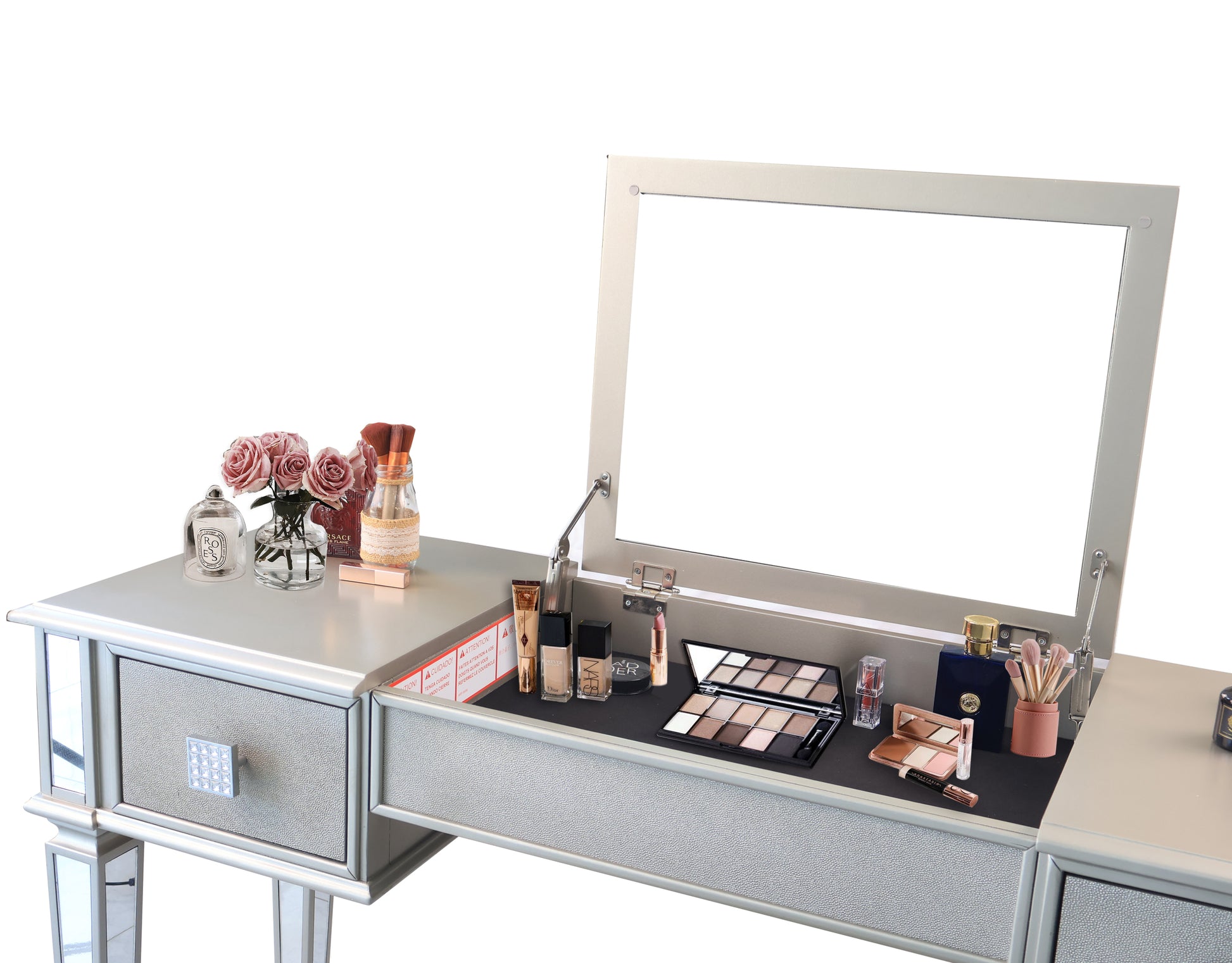 Mirrored Vanities Desk With Drawers, Bedroom Makeup Vanity Table Set With Mirror And Stool, Flip Up Dressing Table For Bedroom Makeup Room, Working Desk For Women, Girl Furniture Combo Hinged Silver White Drawer 2 Drawers Bedroom Felt Lined Drawers