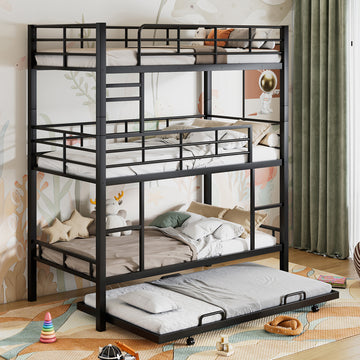 Metal Twin Size Triple Bunk Bed With Trundle, Black Antique Black Metal