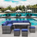 Outdoor Patio Furniture Set,7 Pieces Outdoor Sectional Conversation Sofa With Dining Table,Chairs And Ottomans,All Weather Pe Rattan And Steel Frame,With Backrest And Removable Cushions Grey Blue Yes Dining Set Grey Blue Weather Resistant Frame Garden &