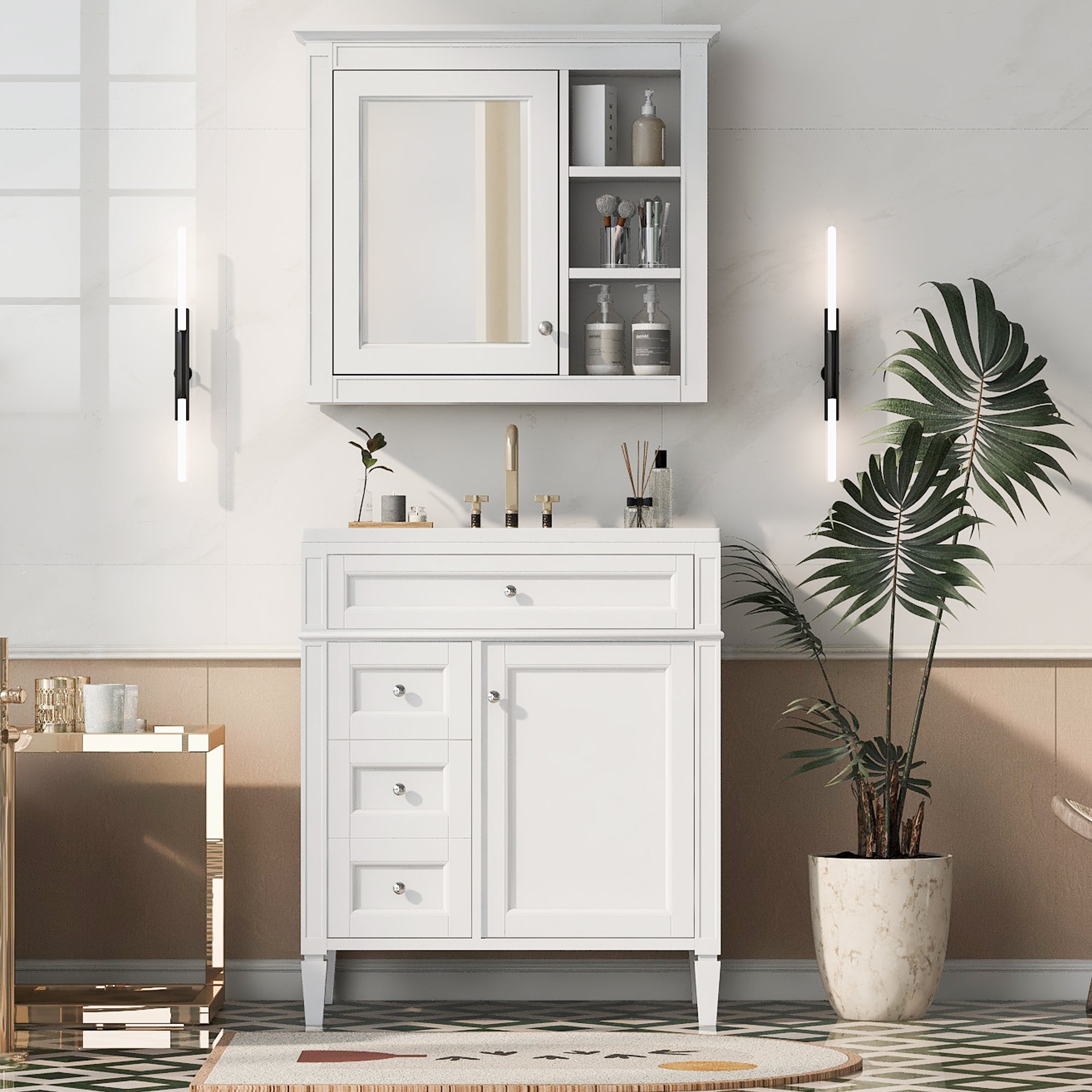 30'' Bathroom Vanity With Top Sink, Modern Bathroom Storage Cabinet With 2 Drawers And A Tip Out Drawer, Freestanding Vanity Set With Mirror Cabinet, Single Sink Bathroom Vanity 3 White 2 5 Bathroom Freestanding Solid Wood Mdf Resin Painted