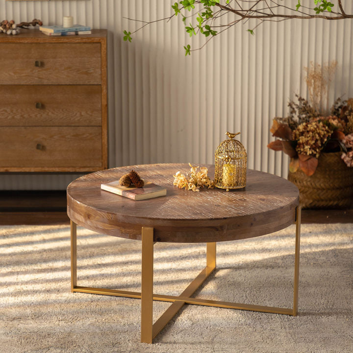 33.86"Modern Retro Splicing Round Coffee Table,Fir Wood Table Top With Gold Cross Legs Base Same Sku:W757127348 Gold Metal & Wood