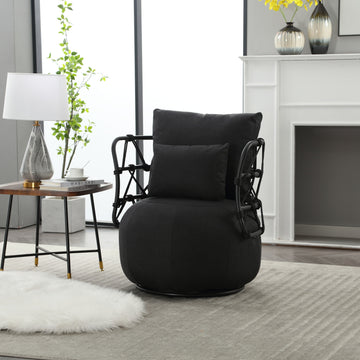 Coolmore Upholstered Tufted Living Room Chair Textured Linen Fabric Accent Chair With Metal Stand Black Linen
