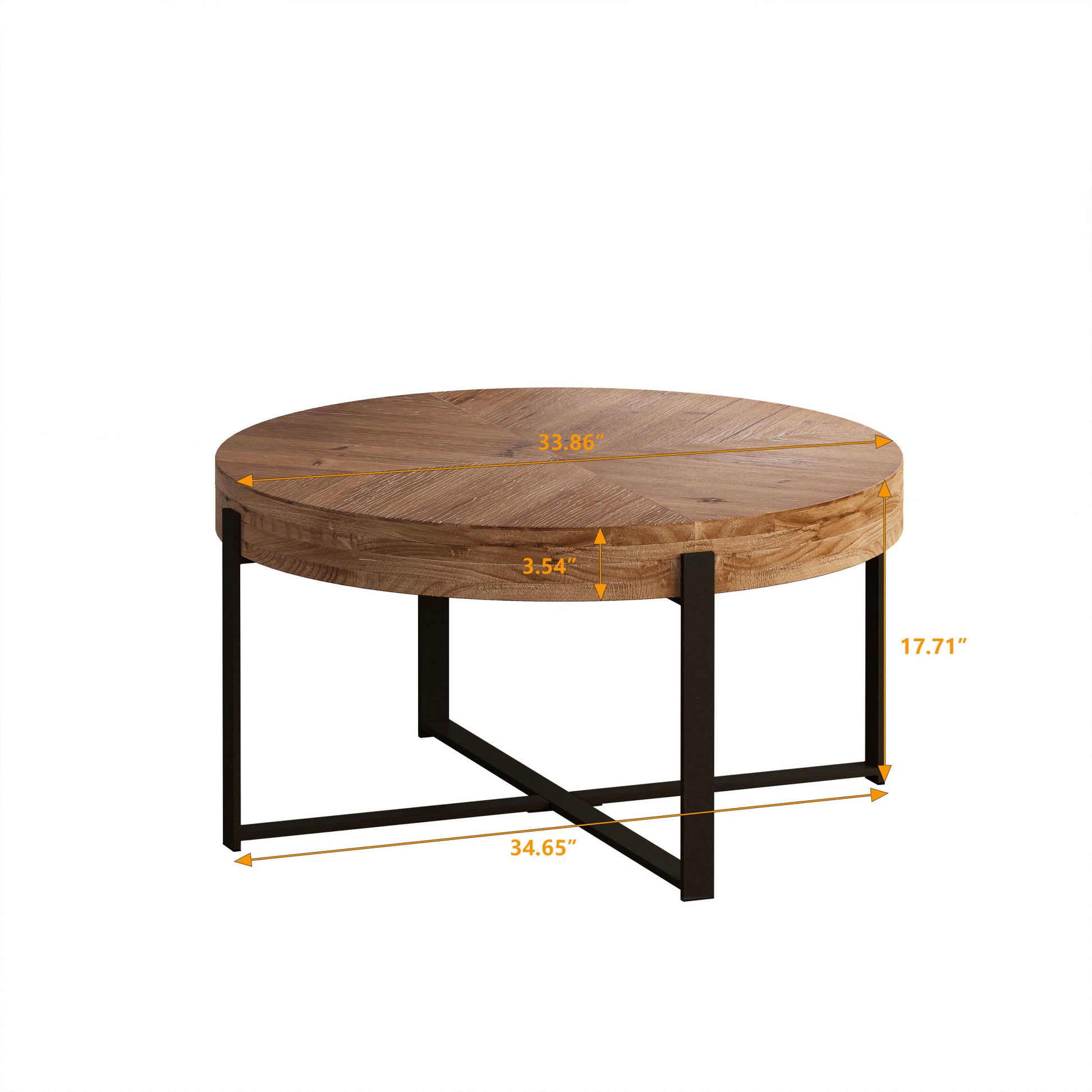 33.86"Modern Retro Splicing Round Coffee Table, Fir Wood Table Top With Black Cross Legs Base Same Sku:W757126237 Black Natural Fir Metal & Wood