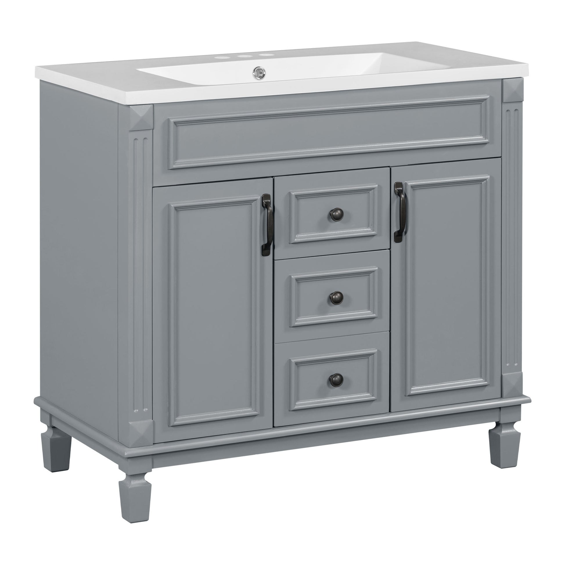 36'' Bathroom Vanity With Top Sink, Grey Mirror Cabinet, Modern Bathroom Storage Cabinet With 2 Soft Closing Doors And 2 Drawers, Single Sink Bathroom Vanity Grey Bathroom Mdf