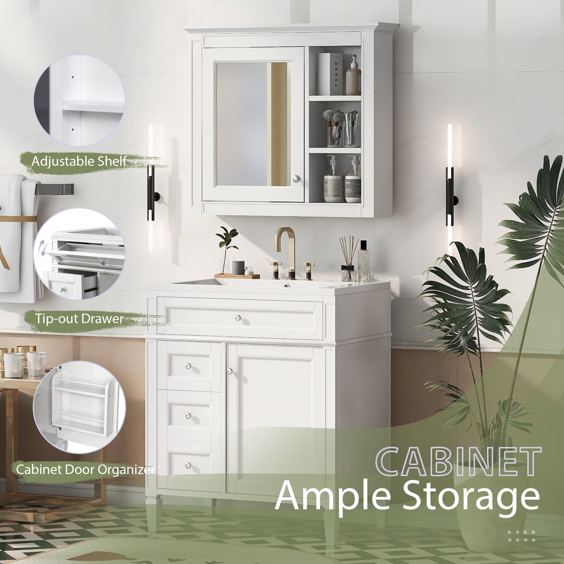 30'' Bathroom Vanity With Top Sink, Modern Bathroom Storage Cabinet With 2 Drawers And A Tip Out Drawer, Freestanding Vanity Set With Mirror Cabinet, Single Sink Bathroom Vanity White Bathroom Solid