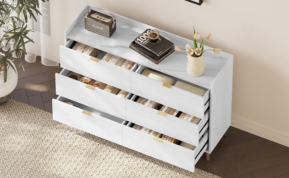 55" Long 6 Drawer Dresser With Marbling Worktop, Mordern Storage Cabinet With Metal Leg And Handle For Bedroom, White White Mdf Metal