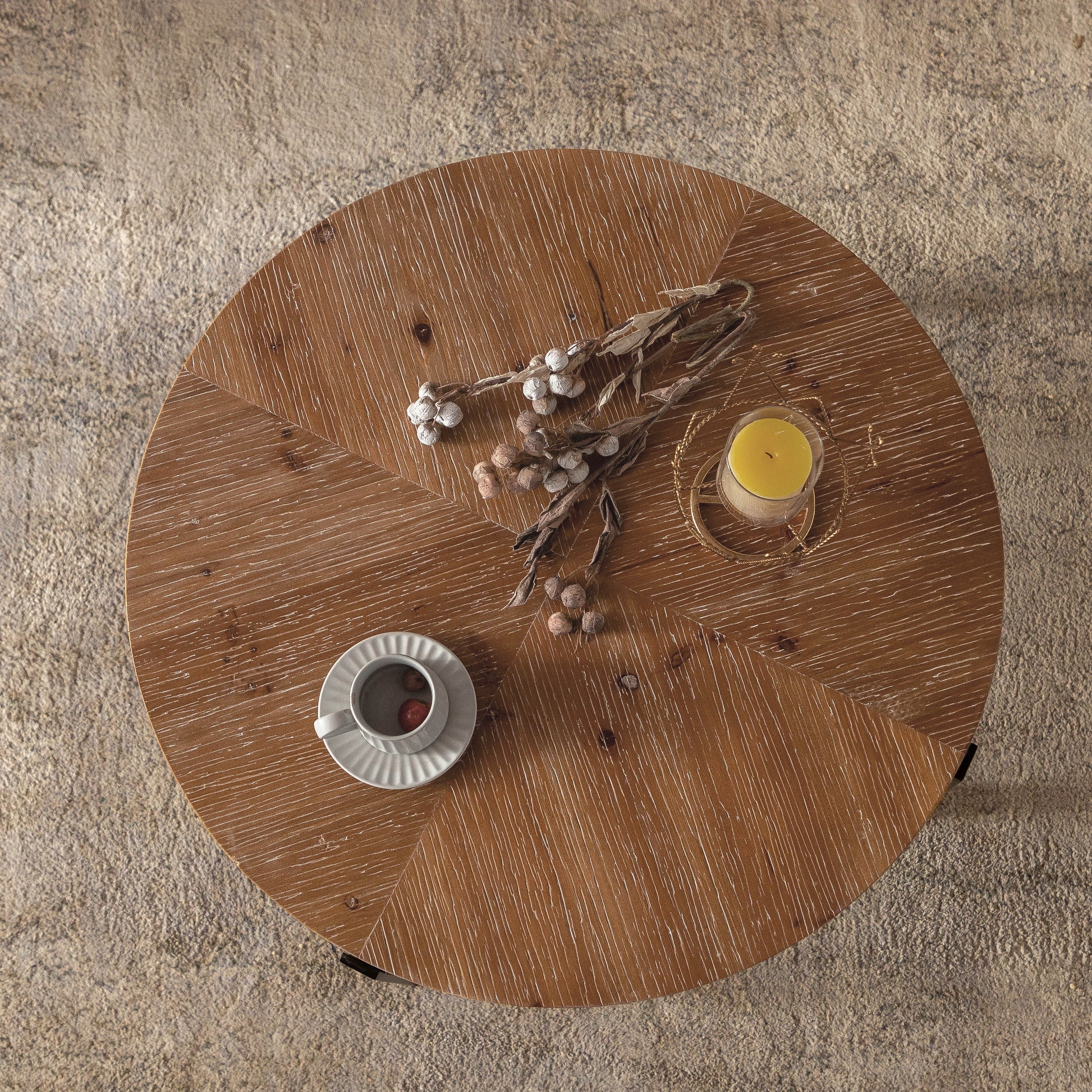 33.86"Modern Retro Splicing Round Coffee Table, Fir Wood Table Top With Black Cross Legs Base Same Sku:W757127347 Black Natural Metal & Wood