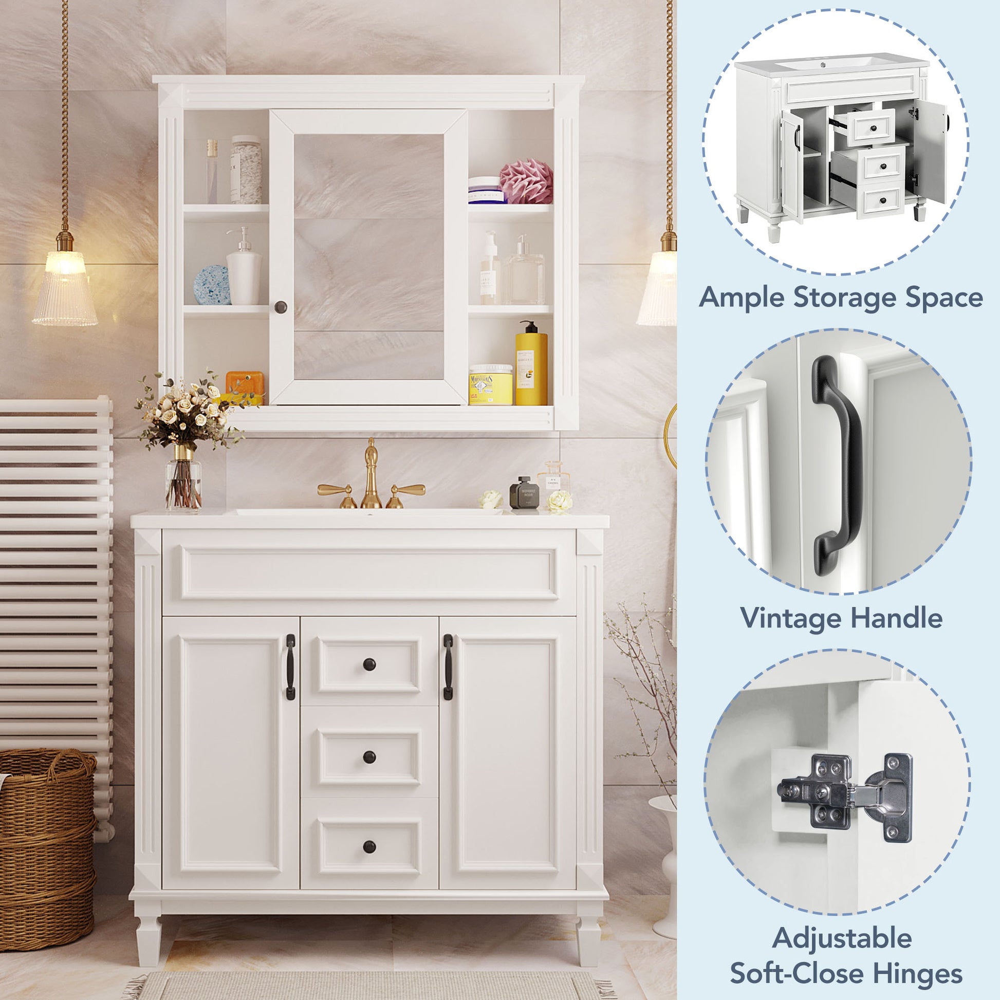 36'' Bathroom Vanity With Top Sink, White Mirror Cabinet, Modern Bathroom Storage Cabinet With 2 Soft Closing Doors And 2 Drawers, Single Sink Bathroom Vanity White Bathroom Mdf