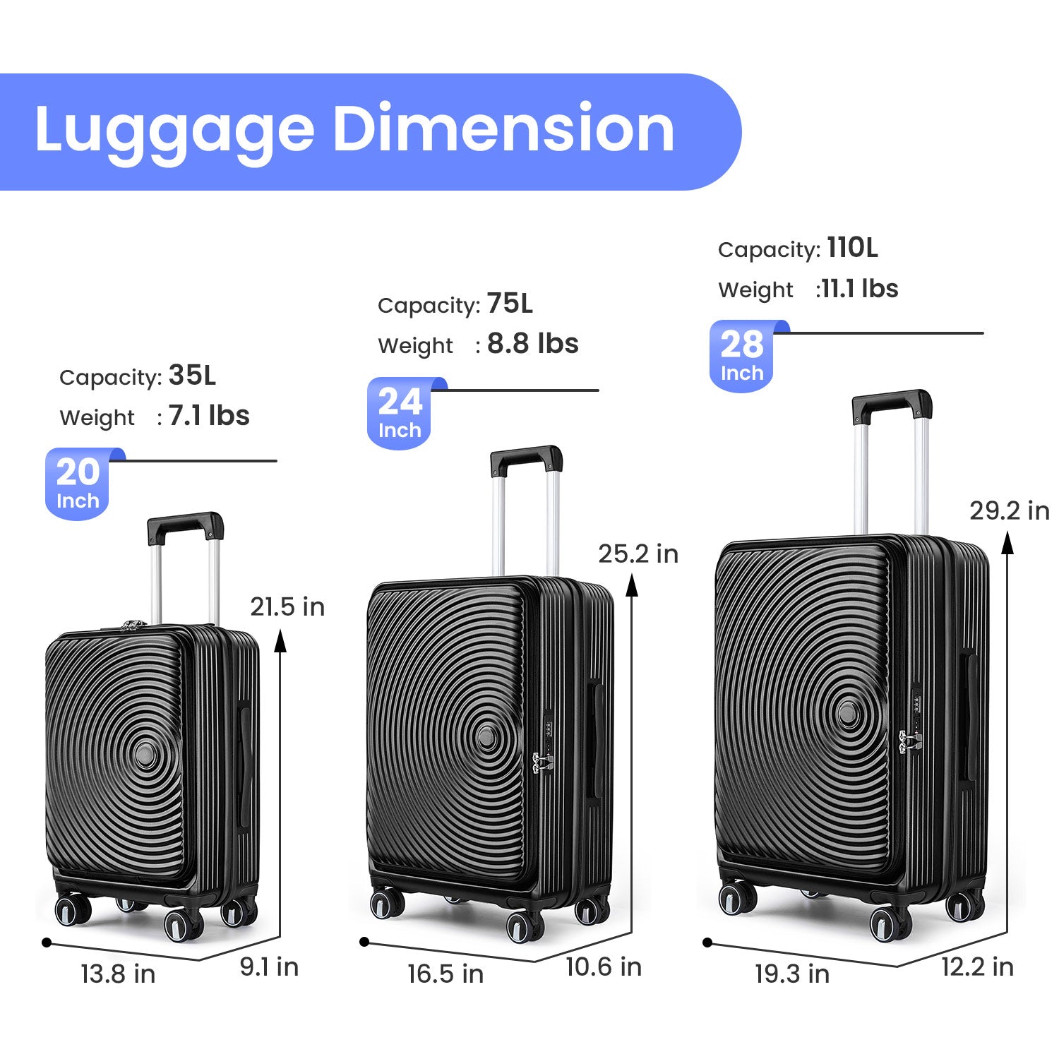 Luggage Sets 3 Piece 20 24 28 , Expandable Carry On black-pc