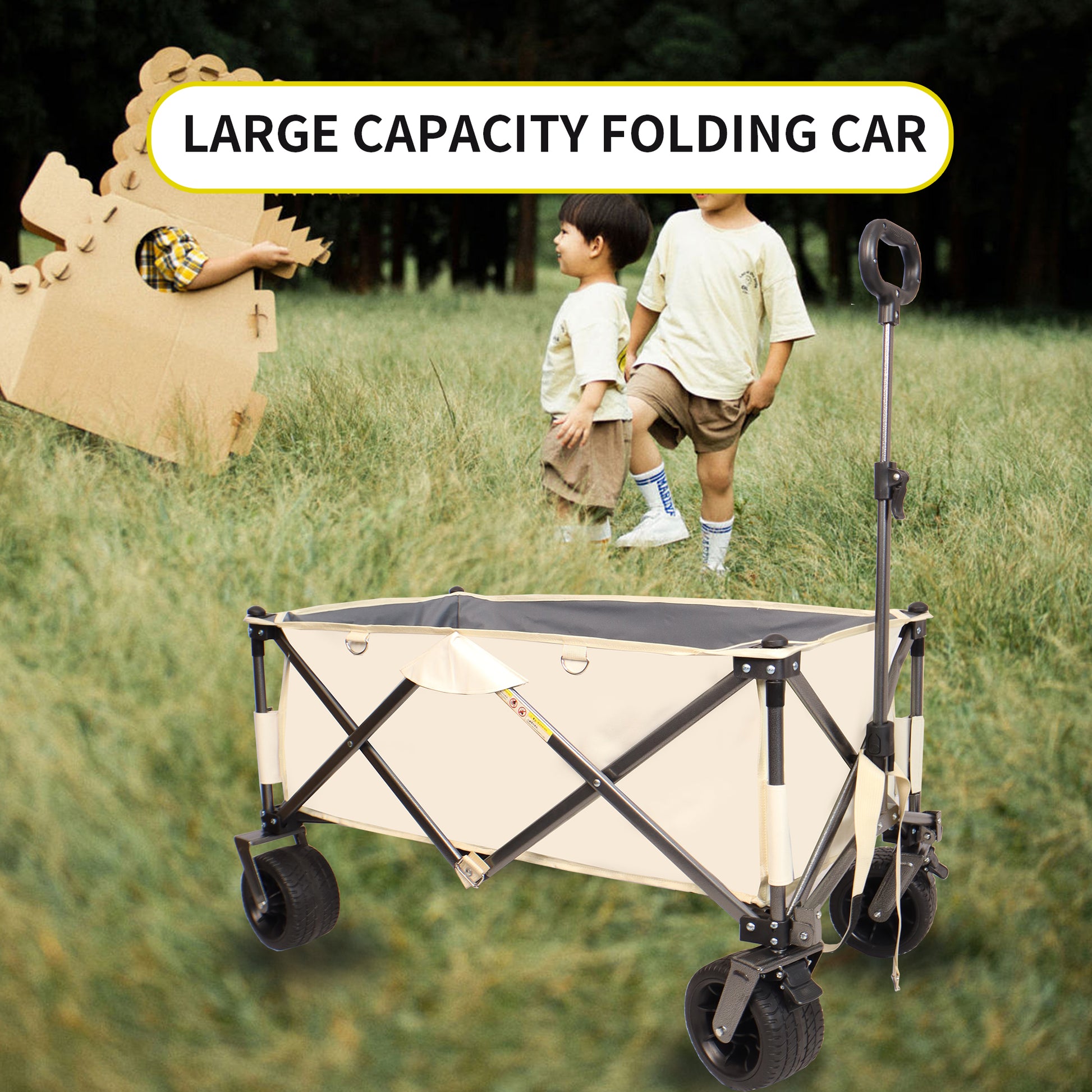 Folding Wagon, Heavy Duty Utility Beach Wagon Cart For Sand With Big Wheels, Adjustable Handle&Drink Holders For Shopping, Camping,Garden And Outdoor Antique White Gray Garden & Outdoor Fabric Steel