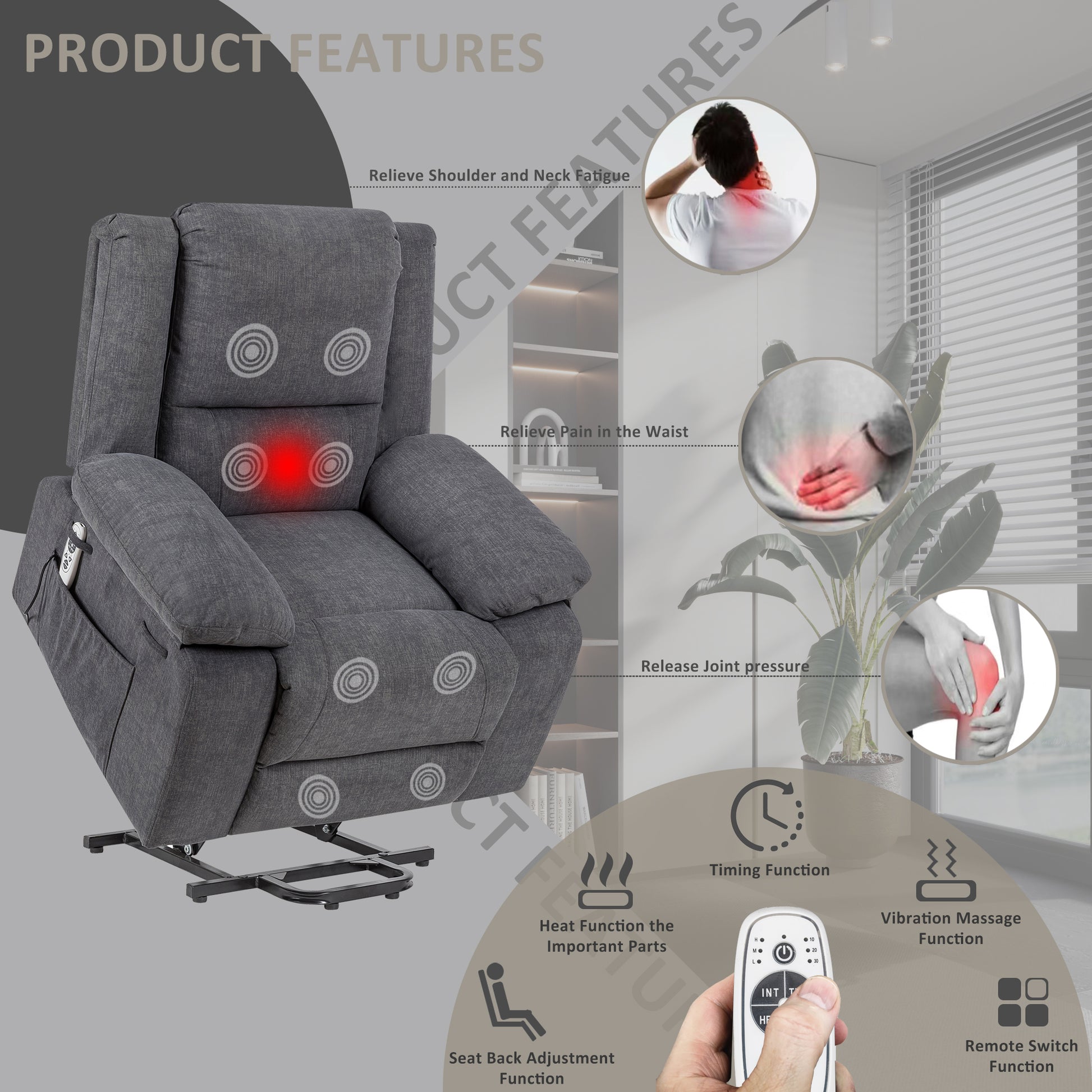 Electric Power Recliner Chair With Massage For Elderly ,Remote Control Multi Function Lifting, Timing, Cushion Heating Chair With Side Pocket Dark Grey Dark Grey Power Remote Metal Primary Living Space Soft American Design Pillow Top Arms Cat Scratch