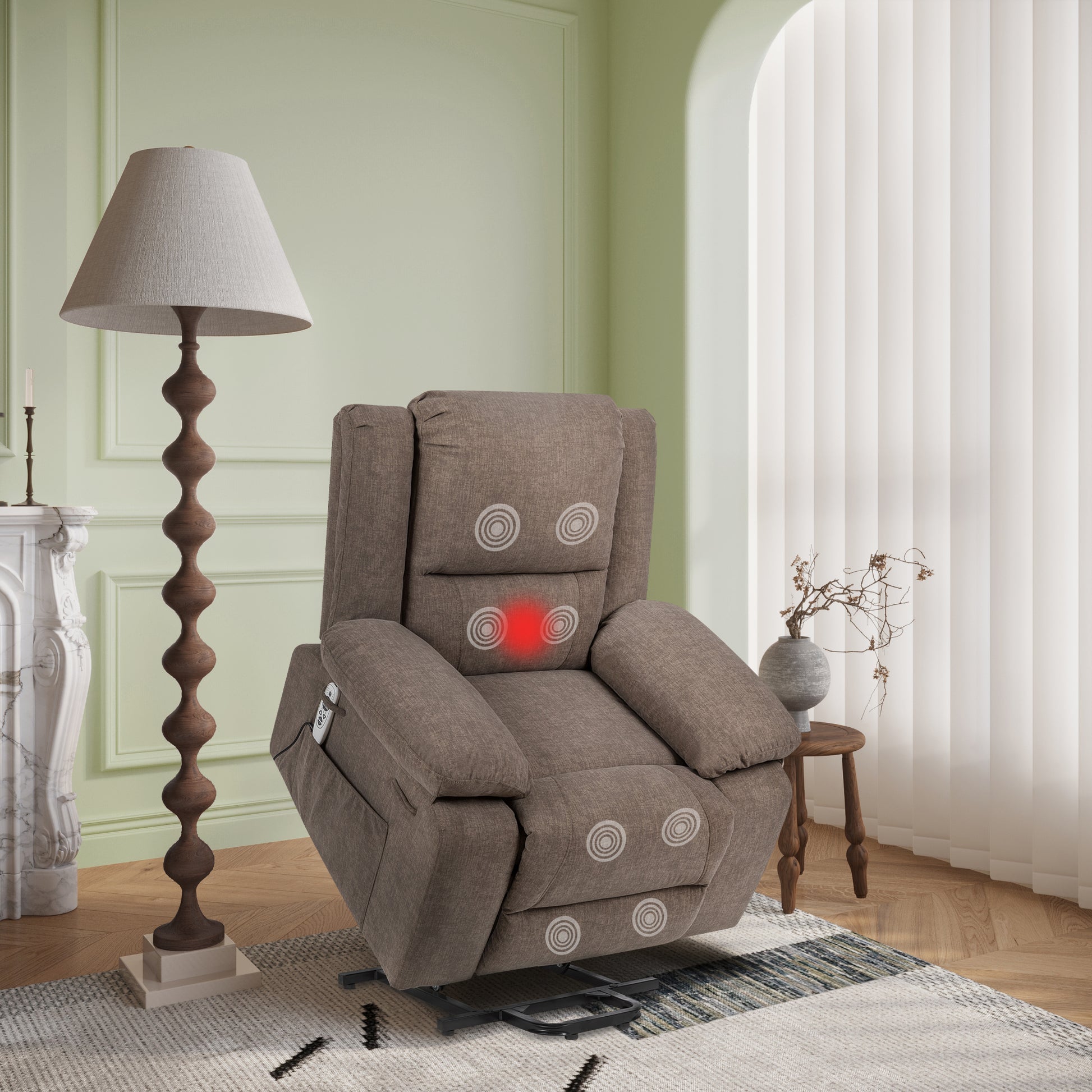 Electric Power Recliner Chair With Massage For Elderly ,Remote Control Multi Function Lifting, Timing, Cushion Heating Chair With Side Pocket Brown Brown Power Remote Metal Primary Living Space American Design Cat Scratch Fabric