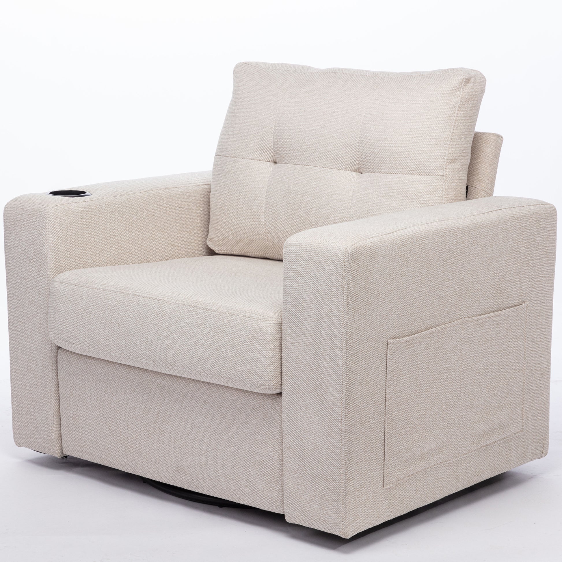 Modern Swivel Accent Sofa Chair, Ergonomic Casual 90 Degree Swivel Single Sofa Seat With Drink Holder Living Room Chair ,Soft Egyptian Velvet Sofa Chair White Brown Wood Primary Living Space Delicate Duty Pine 1 Seat White Linen Soft Cushion Back Art