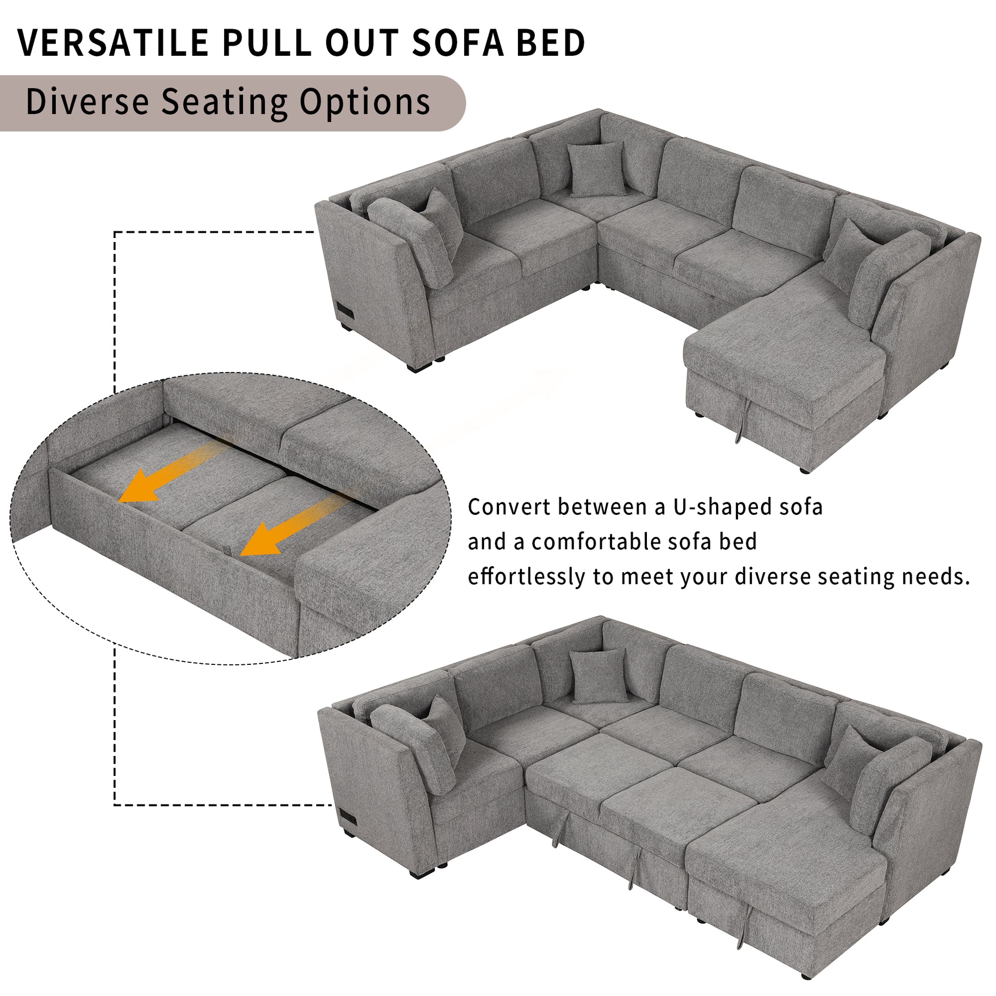 108.6" U Shaped Sectional Sofa Pull Out Sofa Bed With Two Usb Ports, Two Power Sockets, Three Back Pillows And A Storage Chaise For Living Room, Light Gray Light Gray Foam Chenille 5 Seat