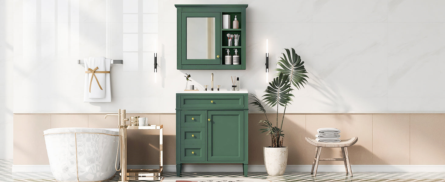 30'' Bathroom Vanity With Top Sink, Modern Bathroom Storage Cabinet With 2 Drawers And A Tip Out Drawer, Freestanding Vanity Set With Mirror Cabinet, Single Sink Bathroom Vanity 3 Green 2 5 Bathroom Freestanding Solid Wood Mdf Resin Painted