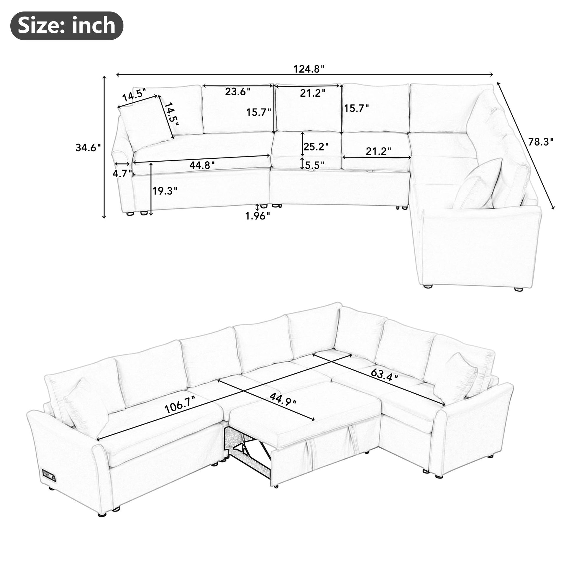 124.8"L Shaped Sofa Convertible Sofa Bed Pull Out Sofa Sleeper With Two Back Pillows, Two Usb Ports And Two Power Sockets For Living Room, Beige Old Sku:Sg000890Aaa Beige Foam Chenille 6 Seat