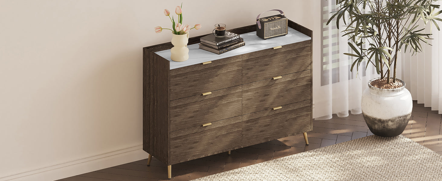 55" Long 6 Drawer Dresser With Marbling Worktop, Mordern Storage Cabinet With Metal Leg And Handle For Bedroom,Walnut Walnut Mdf Metal