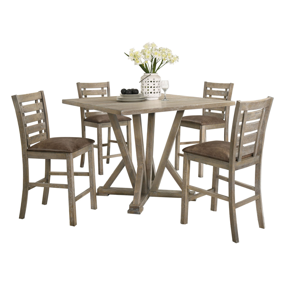 5Pcs Set Counter Table Set Square Counter Table Solid Wood Modern Farmhouse Rustic Look Distressed Look Light Brown Dining Room Fixed Table Rubberwood Square Dining Table With Chair Wood Grayish Brown Ladder Back Seats 4 48 Inches American