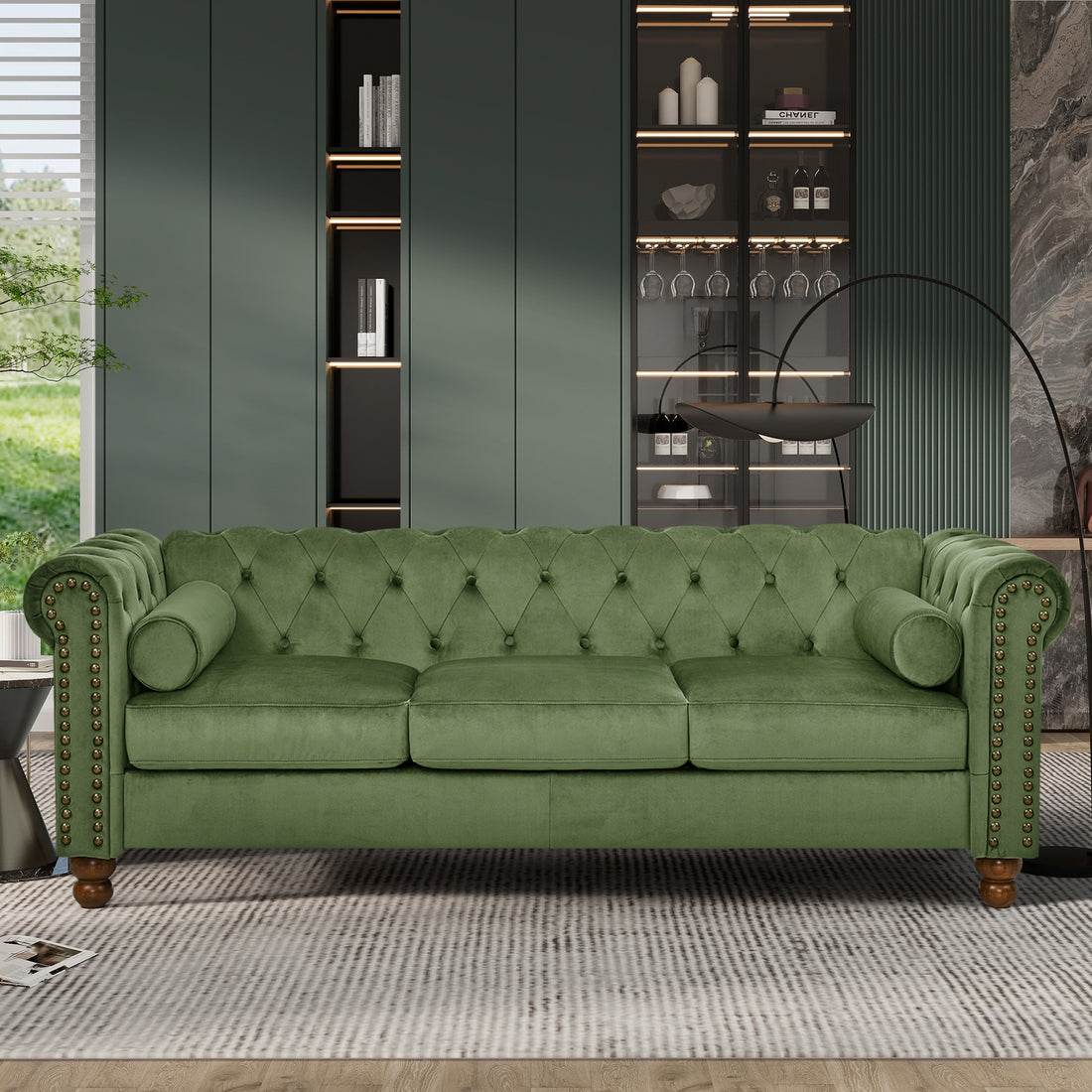 Phoyal Large Sofa, Velvet Sofa Three Seat Sofa Classic Tufted Chesterfield Settee Sofa Modern 3 Seater Couch Furniture Tufted Back For Living Room Green Green Primary Living Space Medium Soft Cushion Back Square Arms Foam Fabric 3 Seat