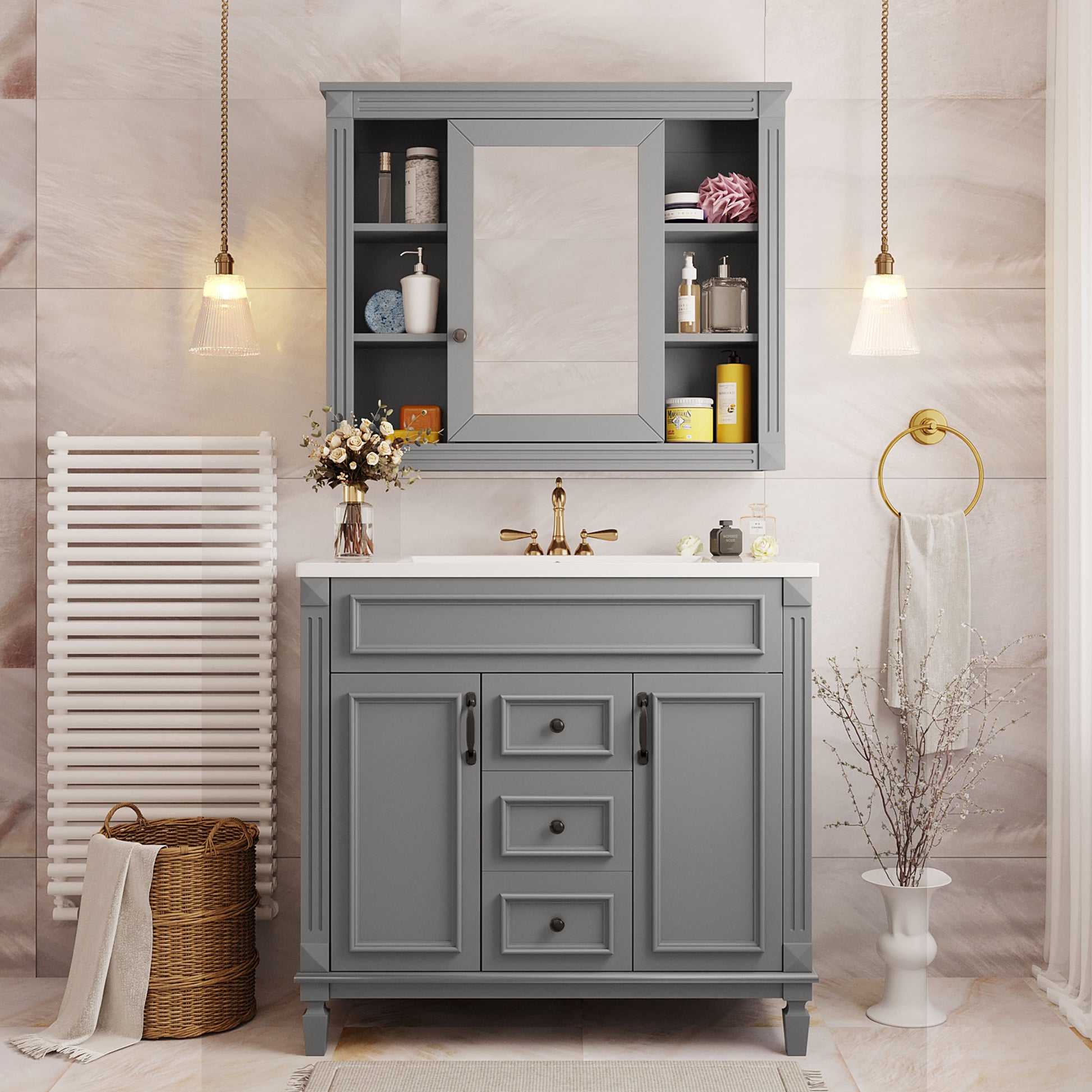 36'' Bathroom Vanity With Top Sink, Grey Mirror Cabinet, Modern Bathroom Storage Cabinet With 2 Soft Closing Doors And 2 Drawers, Single Sink Bathroom Vanity Grey Bathroom Mdf