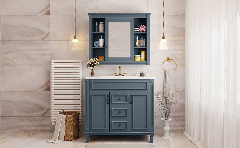 36'' Bathroom Vanity With Top Sink, Royal Blue Mirror Cabinet, Modern Bathroom Storage Cabinet With 2 Soft Closing Doors And 2 Drawers, Single Sink Bathroom Vanity Blue Bathroom Modern Solid Wood