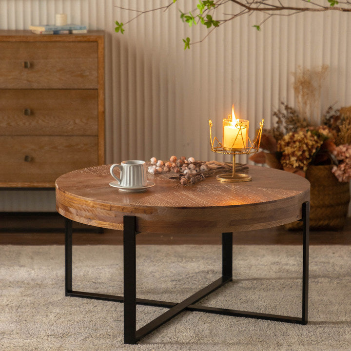 33.86"Modern Retro Splicing Round Coffee Table, Fir Wood Table Top With Black Cross Legs Base Same Sku:W757126237 Black Natural Fir Metal & Wood