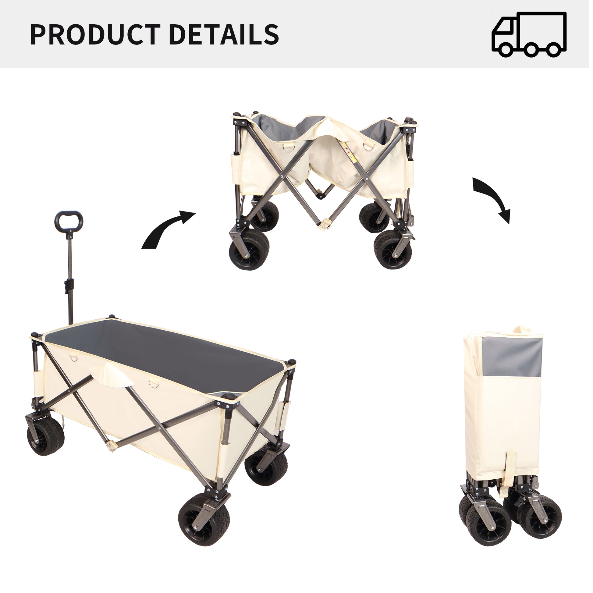 Folding Wagon, Heavy Duty Utility Beach Wagon Cart For Sand With Big Wheels, Adjustable Handle&Drink Holders For Shopping, Camping,Garden And Outdoor Antique White Gray Garden & Outdoor Fabric Steel