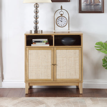 Buffet Cabinet With Storage,Storage Cabinet With Natural Rattan Decorated Doors,Rattan Cabinet With Adjustable Shelf,Sideboard For Living Room,Kitchen,Hallway,2 Doors, Storage, Natural Natural Rubber Wood