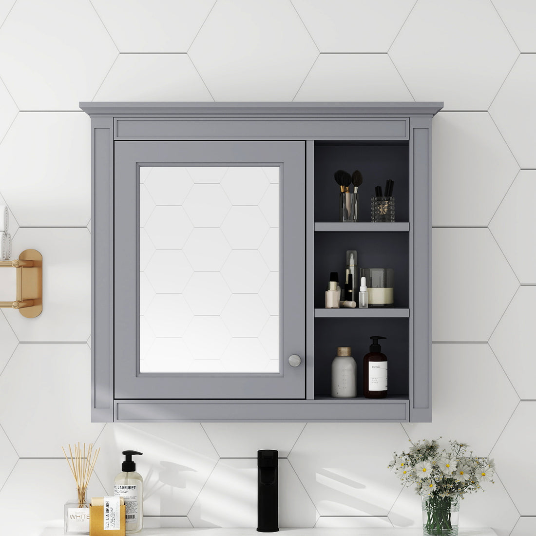 30'' X 28'' Medicine Cabinet, Wall Mounted Bathroom Storage Cabinet, Modern Bathroom Wall Cabinet With Mirror,Medicine Cabinet, Mirror Cabinet With 3 Open Shelves Not Include Bathroom Vanity Grey 1 5 Mirror Included Bathroom Wall Mounted Mdf Glass