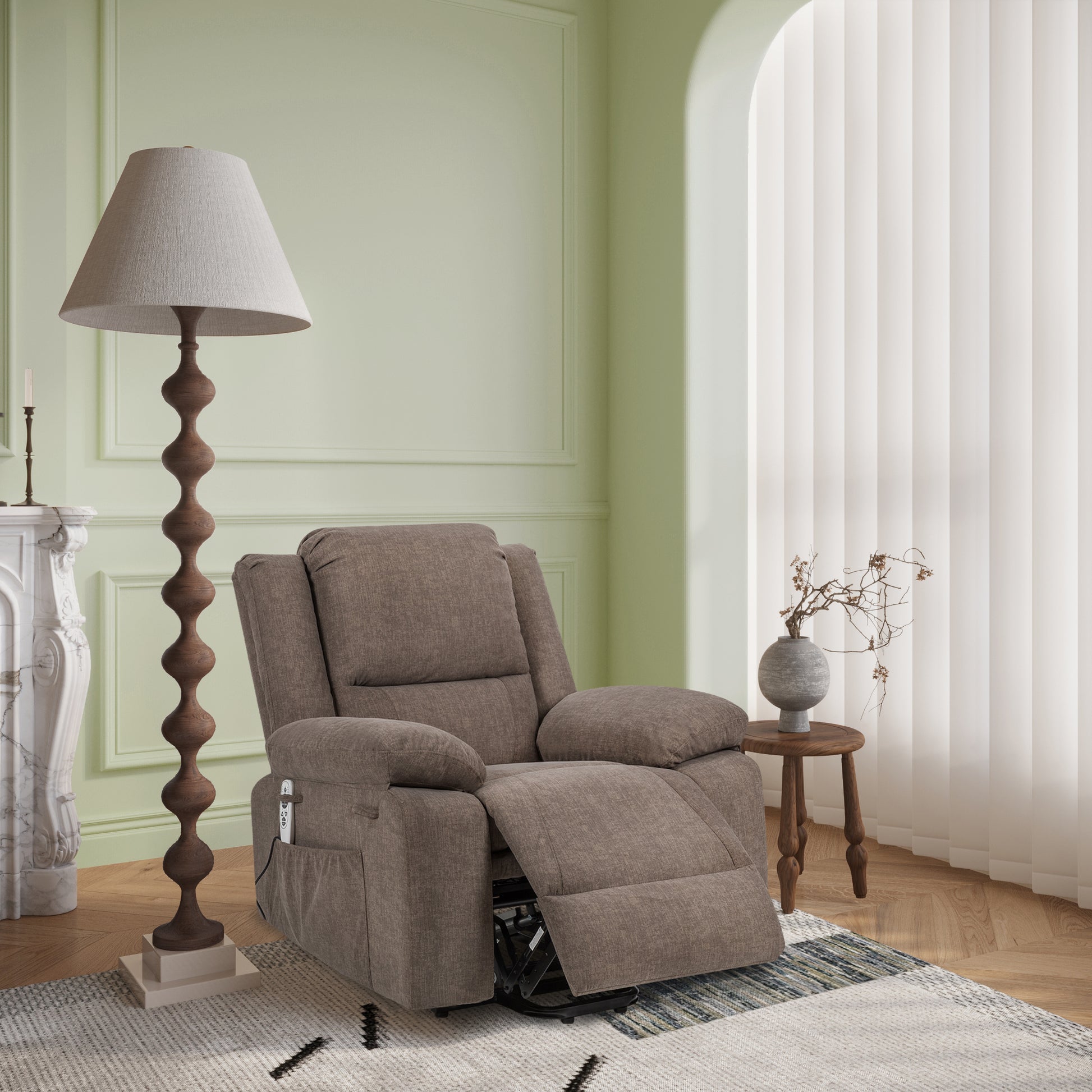 Electric Power Recliner Chair With Massage For Elderly ,Remote Control Multi Function Lifting, Timing, Cushion Heating Chair With Side Pocket Brown Brown Power Remote Metal Primary Living Space American Design Cat Scratch Fabric