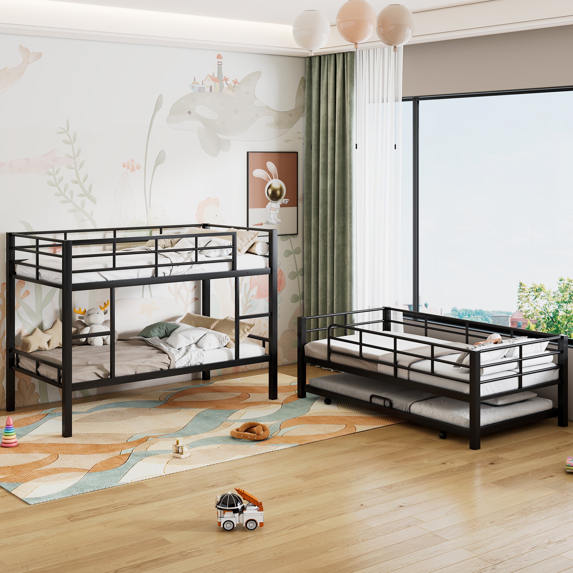 Metal Twin Size Triple Bunk Bed With Trundle, Black Antique Black Metal