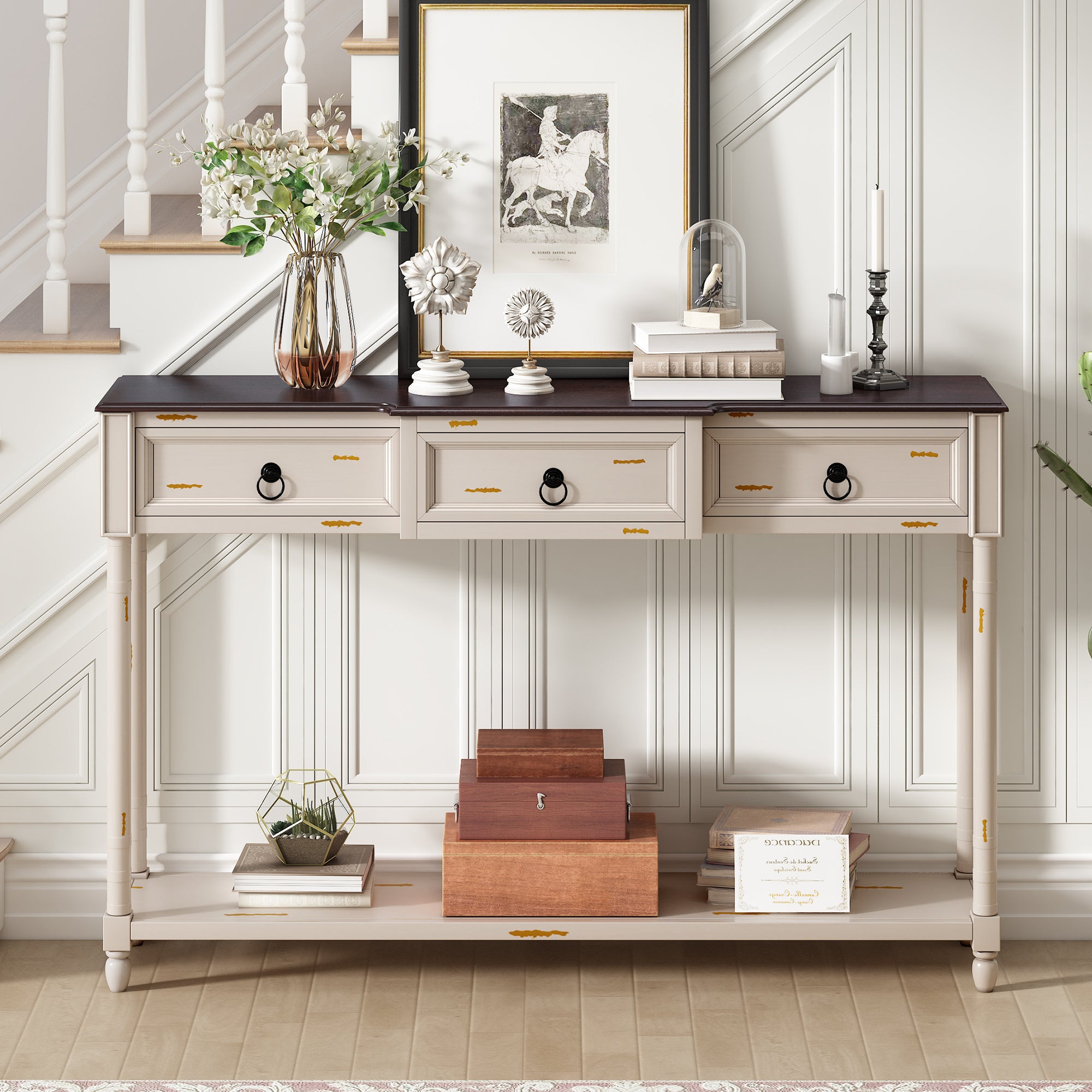 Console Table Sofa Table with Drawers for beige-solid wood+mdf
