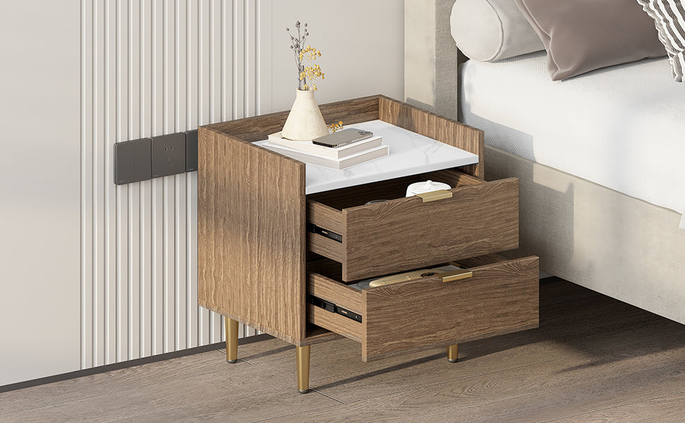 Wooden Nightstand With 2 Drawers And Marbling Worktop, Mordern Wood Bedside Table With Metal Legs&Handles, Walnut Walnut Mdf Metal